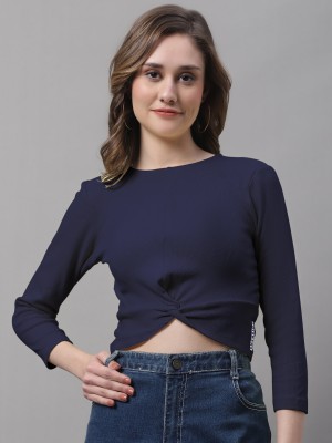 FBAR Casual Self Design Women Dark Blue Top