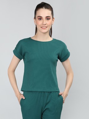 CHKOKKO Casual Solid Women Green Top