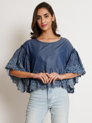 9 impression Casual Embroidered Women Dark Blue Top