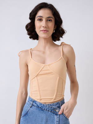 SZN Casual Solid Women Beige Top
