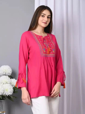 VYMO Casual Embroidered Women Pink Top