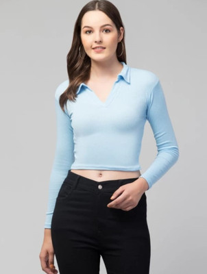 KGFONECLOTH Casual Solid Women Light Blue Top