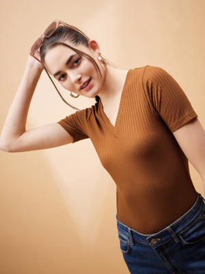 SASSAFRAS Casual Self Design Women Brown Top