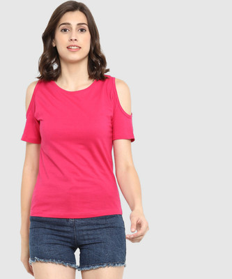 Ap'pulse Casual Cold Shoulder Solid Women Pink Top