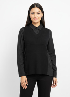 Crazy Look Self Design V Neck Casual Women Black Sweater