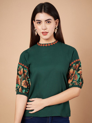 all about you Casual Embroidered Women Green Top