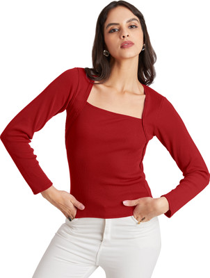 Berry Bird Casual Solid, Self Design Women Red Top