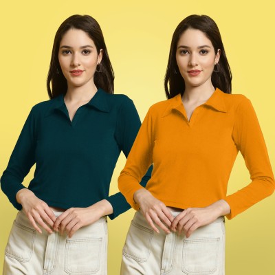 Fabflee Casual Solid Women Yellow, Dark Green Top