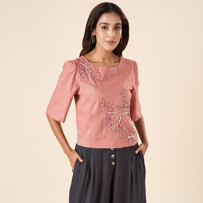 Akkriti by Pantaloons Casual Embroidered Women Pink, Red, White Top