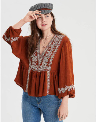 Roadster Party Embroidered Women Brown Top
