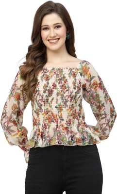 POPWINGS Casual Printed Women Beige Top