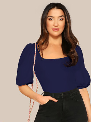 NAVYANKAA Casual Solid Women Dark Blue Top