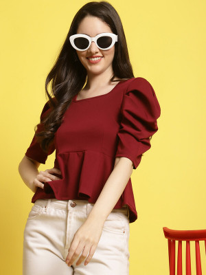 Fabflee Casual Solid Women Maroon Top