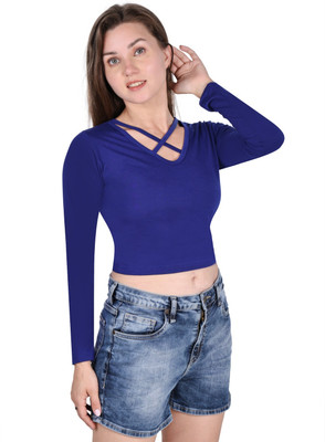 SAIOM Casual Solid Women Blue Top
