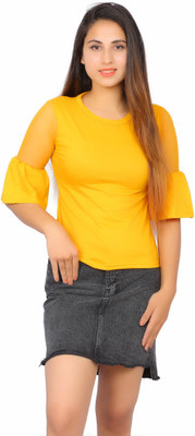 Christone Casual 3/4 Sleeve Solid Women Yellow Top