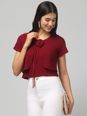 clobug Casual Self Design Women Maroon Top