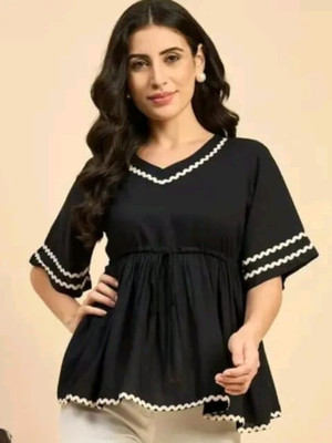 AYUX Casual Embroidered Women Black Top