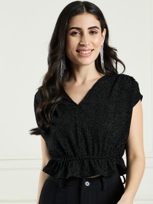 DRAPE AND DAZZLE Casual Solid Women Black Top