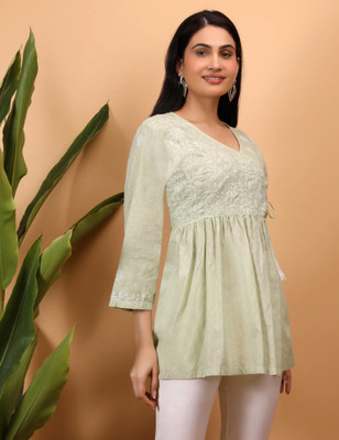 SHWET Casual Embroidered Women Green Top
