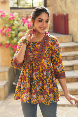 Leriya Fashion Women Abstract, Printed Straight Kurta(Yellow)