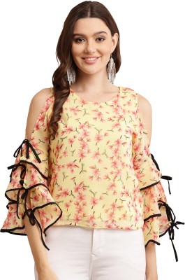 Raabta Fashion Party Floral Print, Lace Women Yellow Top