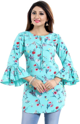 HEMANG FASHION Casual Balloon Sleeve Printed Women Light Blue Top