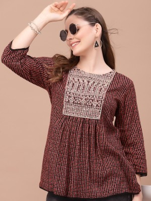 PRAKRTEE Casual Embroidered Women Maroon Top