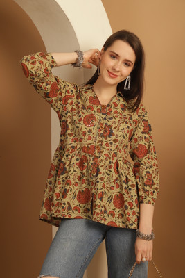 Wonder Weaves Casual Printed Women Beige Top