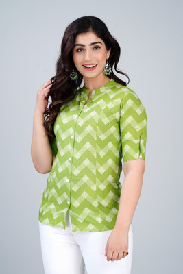 GHUMMAN SONAKSHI Casual Chevron/Zig Zag Women Light Green, White Top