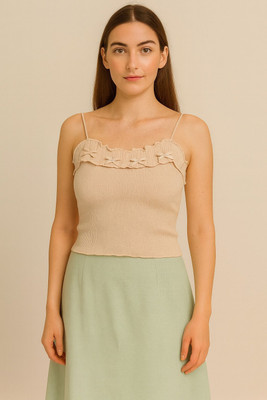 teenalo Casual Solid, Self Design Women Beige Top