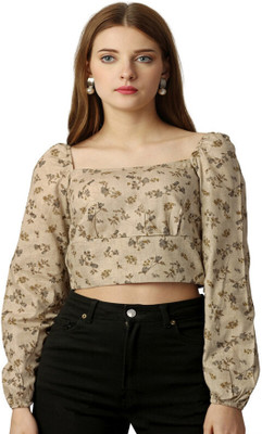 french crown Casual Floral Print Women Brown Top