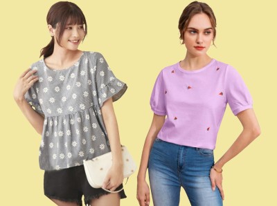 Dream Beauty Fashion Casual Printed Women Grey, Pink Top