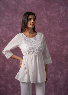 Juniper Casual Embroidered Women White Top