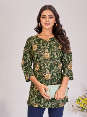 Larqi Casual Floral Print Women Green Top