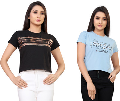 Tween Trends Casual Graphic Print Women Black, Light Blue Top