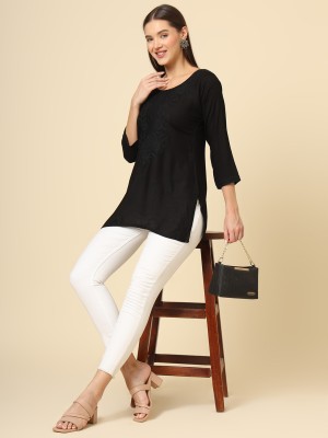 Vivera Casual Embroidered Women Black Top