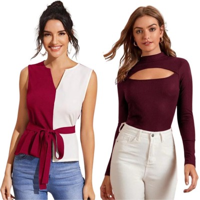 TRACEY Casual Solid Women Brown, Maroon, White Top