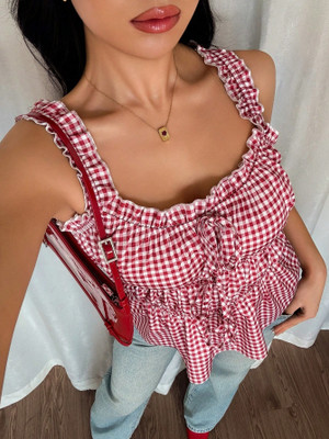 QUINTESSENTIALS Casual Checkered Women Red Top