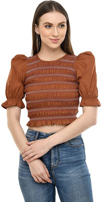 Beautylife Casual Solid Women Brown Top