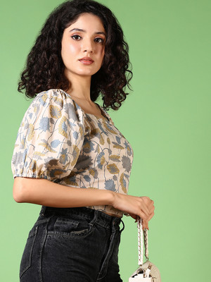 V-MART Casual Printed Women Beige Top