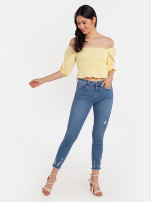 Zink London Casual Self Design Women Yellow Top