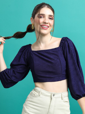 Tokyo Talkies Casual Solid Women Dark Blue Top