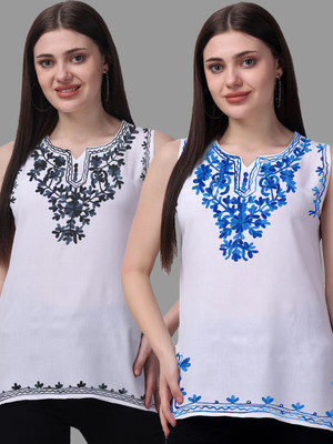 aakrushi Casual Embroidered Women Silver, Light Blue Top
