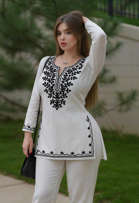 FABRIC FETCH Casual Embroidered Women White Top