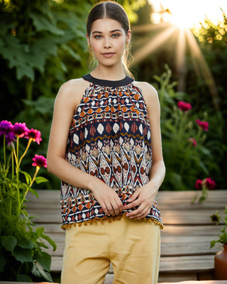 PANNKH Casual Sleeveless Printed Women Multicolor Top