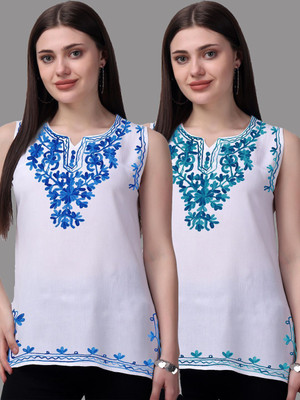 aakrushi Casual Embroidered Women Light Blue, Blue, White Top