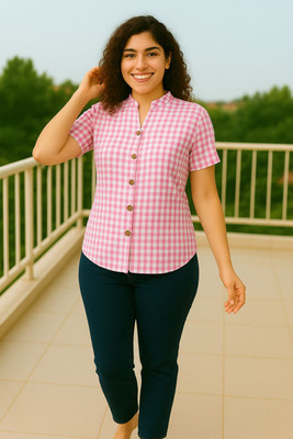 Jovialthreads Casual Checkered Women Pink Top