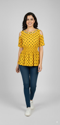 VISULA Casual Polka Print Women Yellow Top