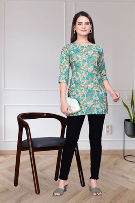 FASTCLO Casual Printed Women Light Green Top