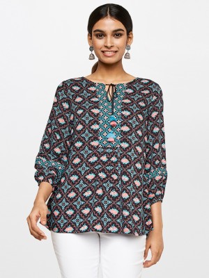 GLOBAL DESI Casual Geometric Print Women Black Top